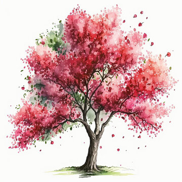Watercolor flowering cherry tree illustration on white background. Ai generated