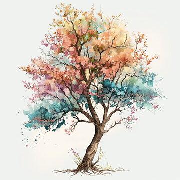Watercolor blooming cherry tree illustration on white background. Ai generated