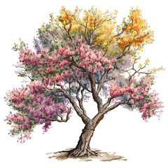Watercolor spring cherry tree illustration on white background. Ai generated