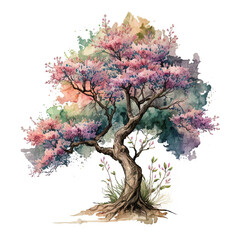 Watercolor spring cherry tree illustration on white background. Ai generated