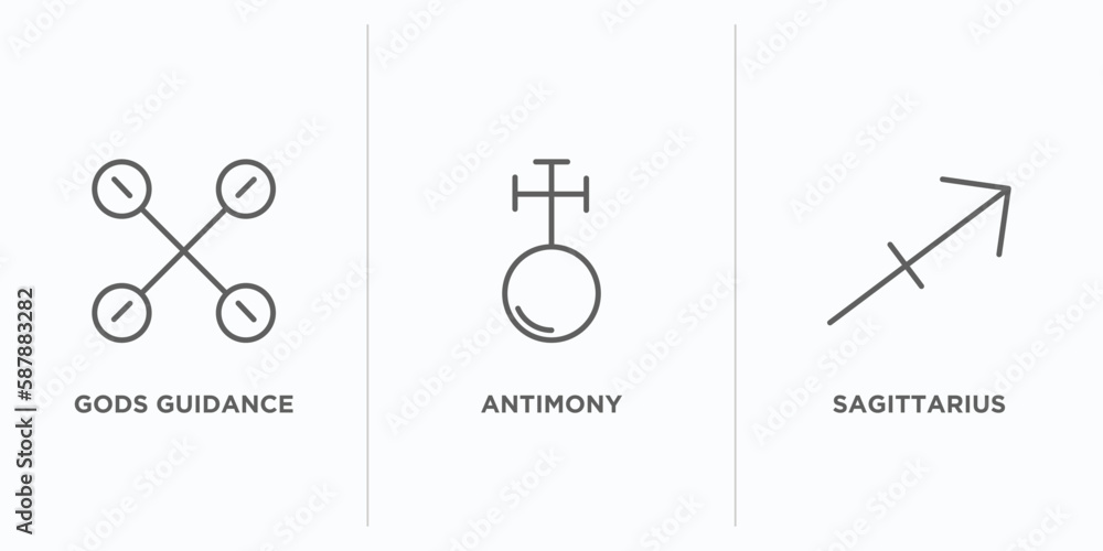 Poster zodiac outline icons set. thin line icons such as gods guidance, antimony, sagittarius vector. linea