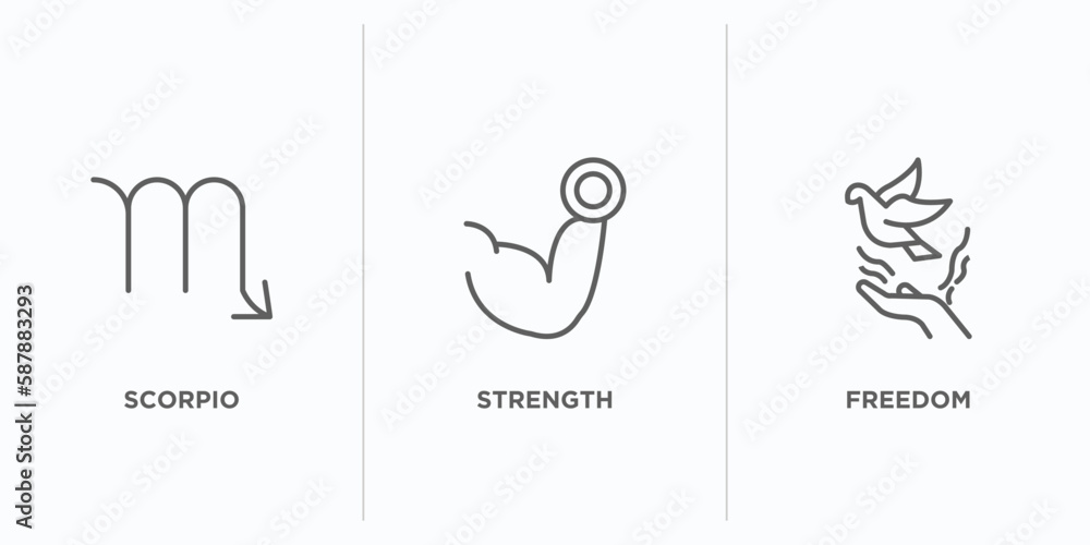 Poster zodiac outline icons set. thin line icons such as scorpio, strength, freedom vector. linear icon she