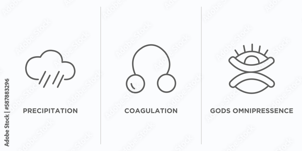 Poster zodiac outline icons set. thin line icons such as precipitation, coagulation, gods omnipressence vec