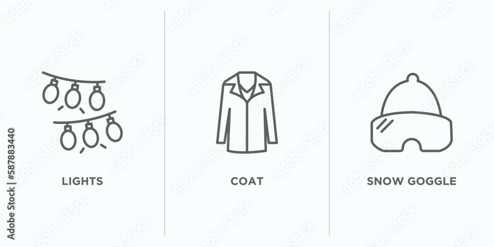 Aufkleber winter outline icons set. thin line icons such as lights, coat, snow goggle vector. linear icon shee