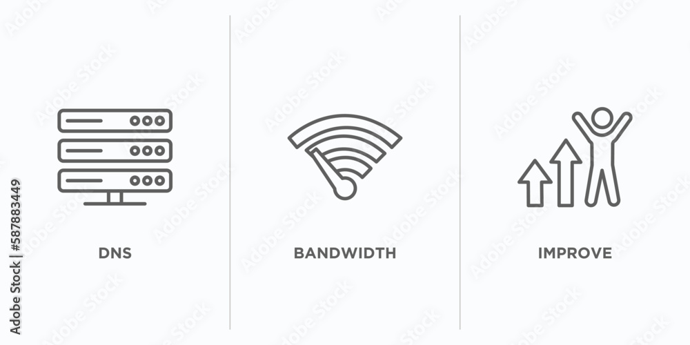 Poster web hosting outline icons set. thin line icons such as dns, bandwidth, improve vector. linear icon s