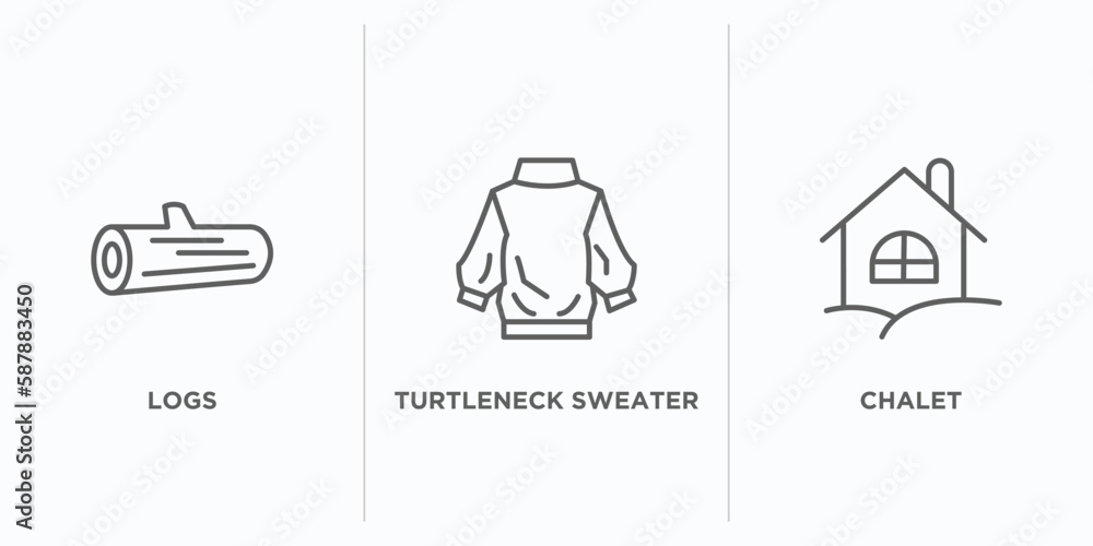 Poster winter outline icons set. thin line icons such as logs, turtleneck sweater, chalet vector. linear ic