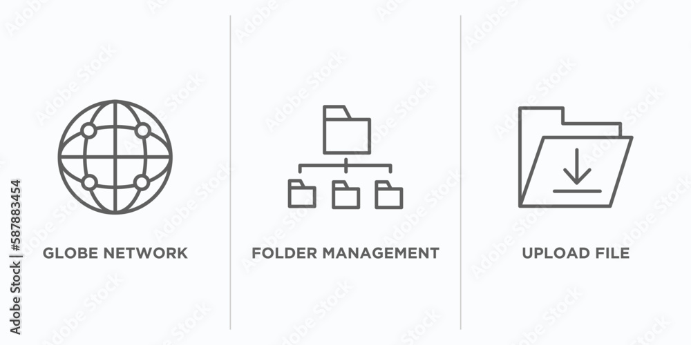 Poster web hosting outline icons set. thin line icons such as globe network, folder management, upload file