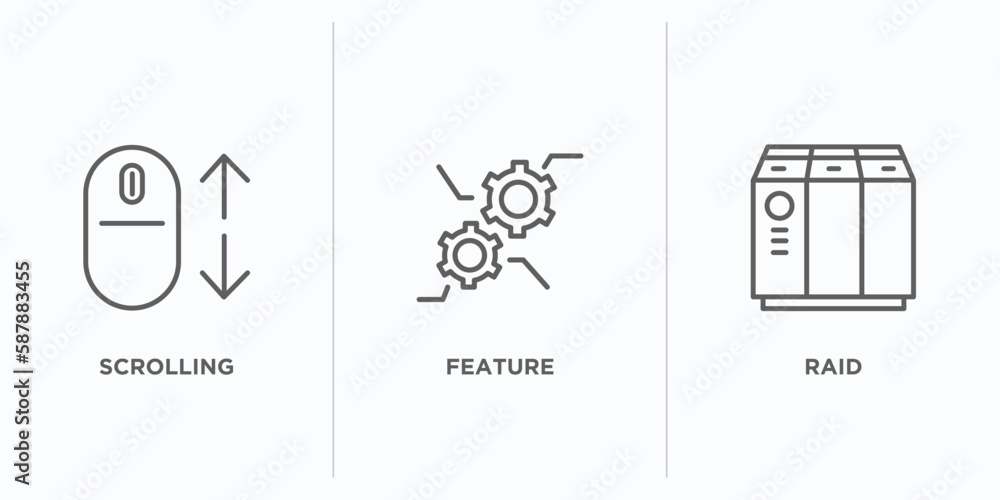 Poster web hosting outline icons set. thin line icons such as scrolling, feature, raid vector. linear icon 