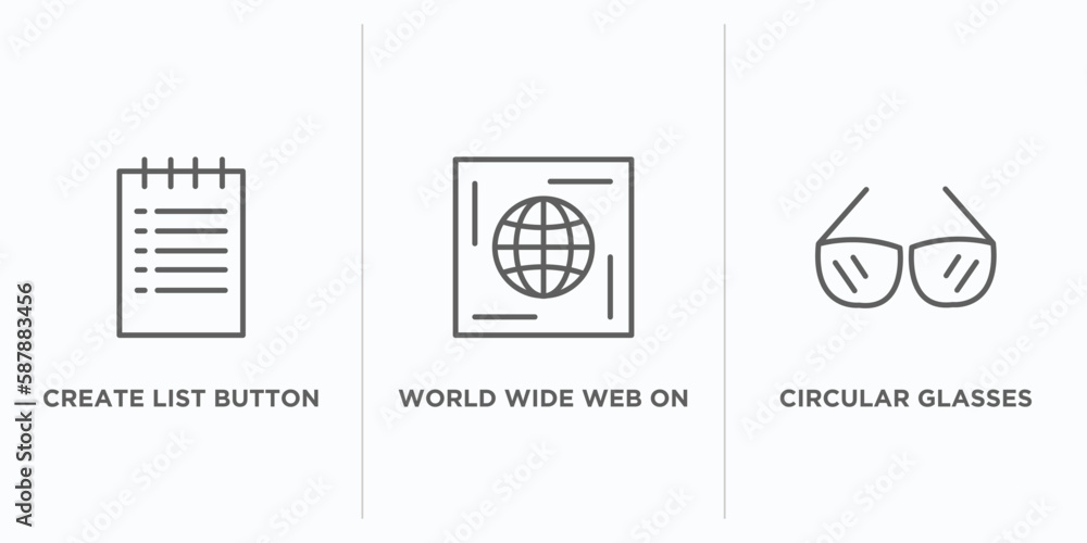 Poster web outline icons set. thin line icons such as create list button, world wide web on grid, circular 