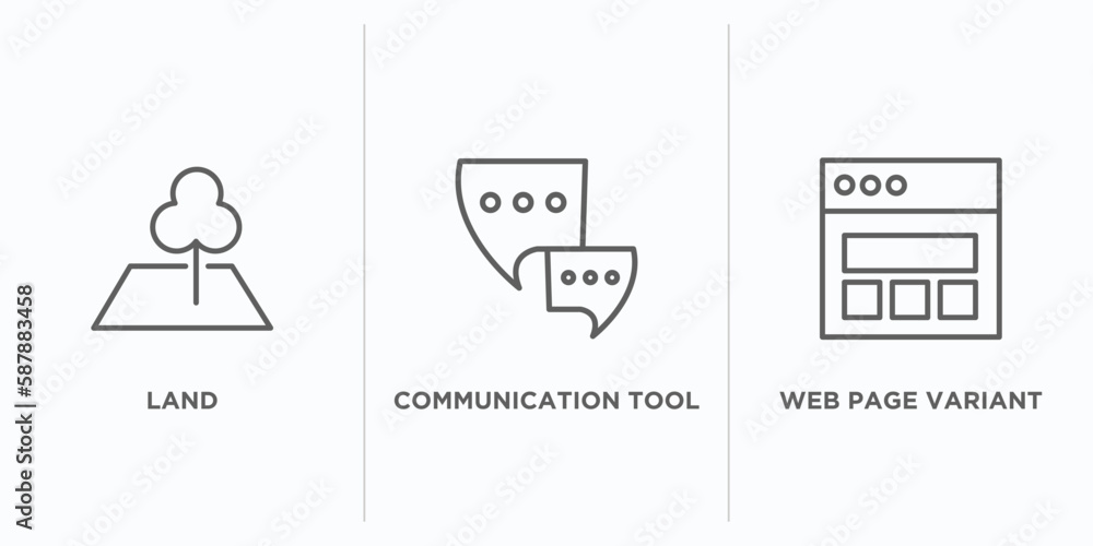 Poster web outline icons set. thin line icons such as land, communication tool, web page variant vector. li