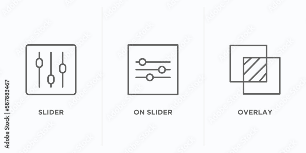 Poster web outline icons set. thin line icons such as slider, on slider, overlay vector. linear icon sheet 