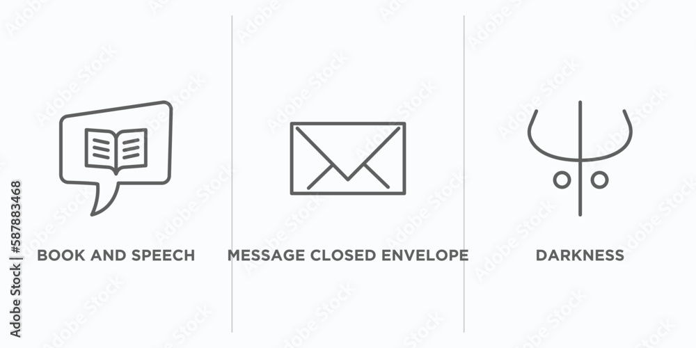 Poster web outline icons set. thin line icons such as book and speech bubble, message closed envelope, dark