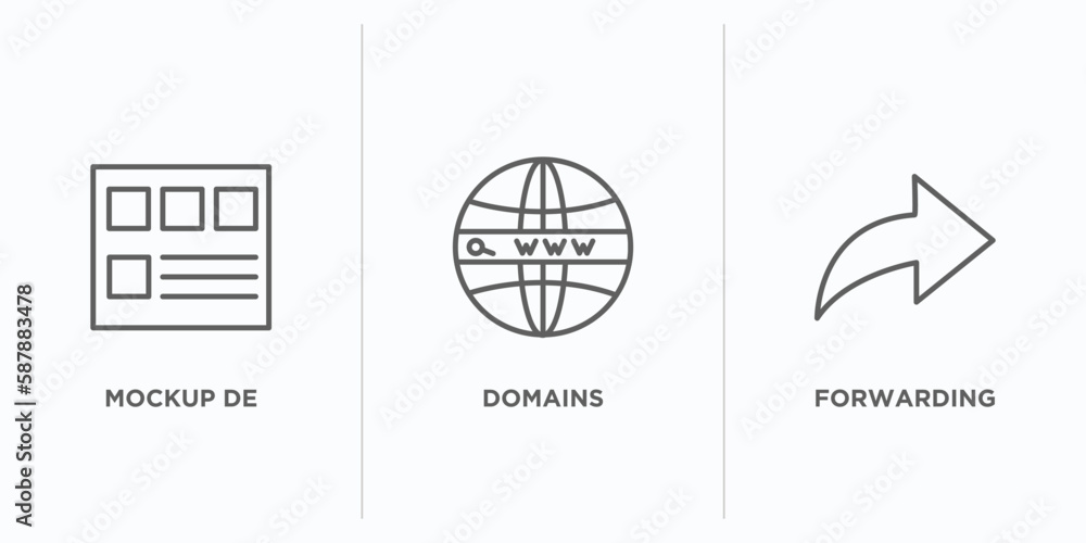 Poster web hosting outline icons set. thin line icons such as mockup de, domains, forwarding vector. linear