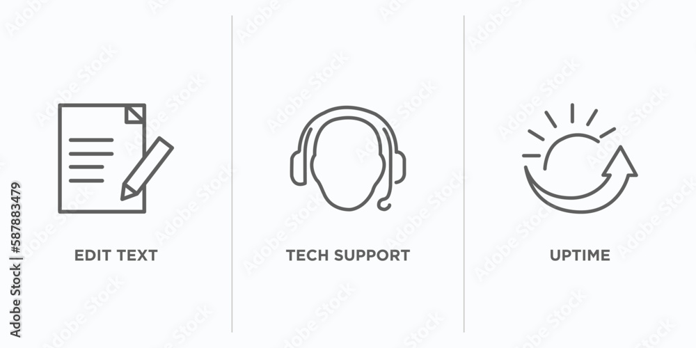 Poster web hosting outline icons set. thin line icons such as edit text, tech support, uptime vector. linea
