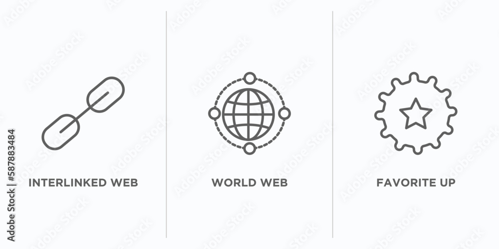 Poster web outline icons set. thin line icons such as interlinked web, world web, favorite up vector. linea