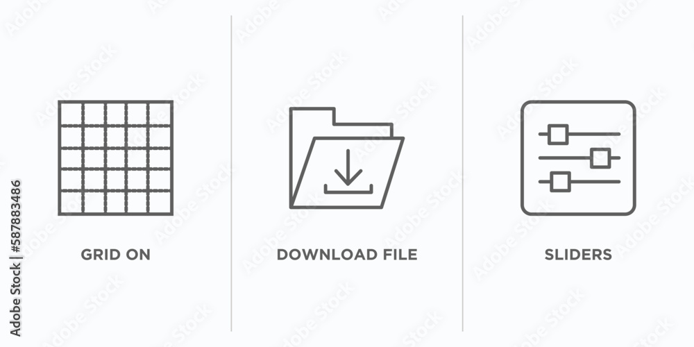 Poster web outline icons set. thin line icons such as grid on, download file, sliders vector. linear icon s