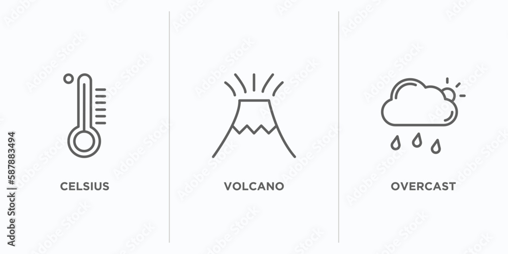 Poster weather outline icons set. thin line icons such as celsius, volcano, overcast vector. linear icon sh