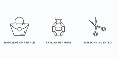 woman clothing outline icons set. thin line icons such as handbag of female, stylish perfume bottle, scissors inverted view vector. linear icon sheet can be used web and mobile