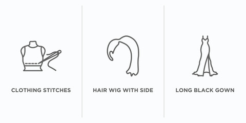 woman clothing outline icons set. thin line icons such as clothing stitches, hair wig with side, long black gown vector. linear icon sheet can be used web and mobile