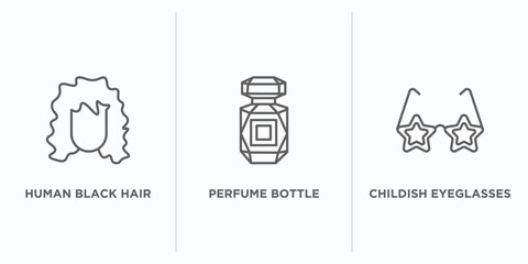 woman clothing outline icons set. thin line icons such as human black hair, perfume bottle, childish eyeglasses vector. linear icon sheet can be used web and mobile