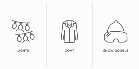 winter outline icons set. thin line icons such as lights, coat, snow goggle vector. linear icon sheet can be used web and mobile