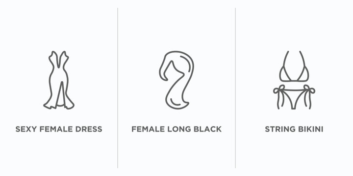woman clothing outline icons set. thin line icons such as sexy female dress, female long black hair, string bikini vector. linear icon sheet can be used web and mobile