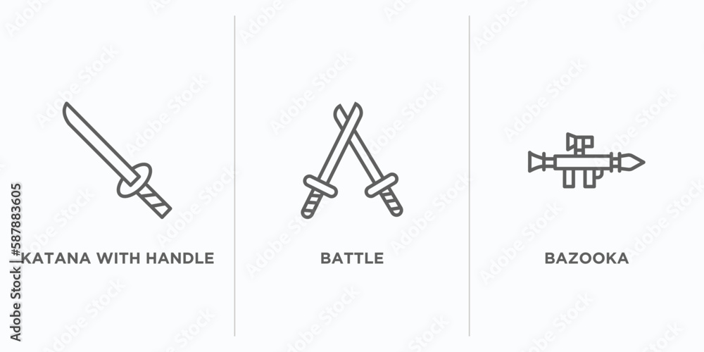 Poster weapons outline icons set. thin line icons such as katana with handle, battle, bazooka vector. linea