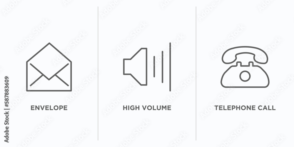 Poster user interface outline icons set. thin line icons such as envelope, high volume, telephone call vect