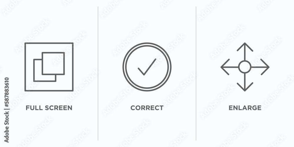 Poster user interface outline icons set. thin line icons such as full screen, correct, enlarge vector. line