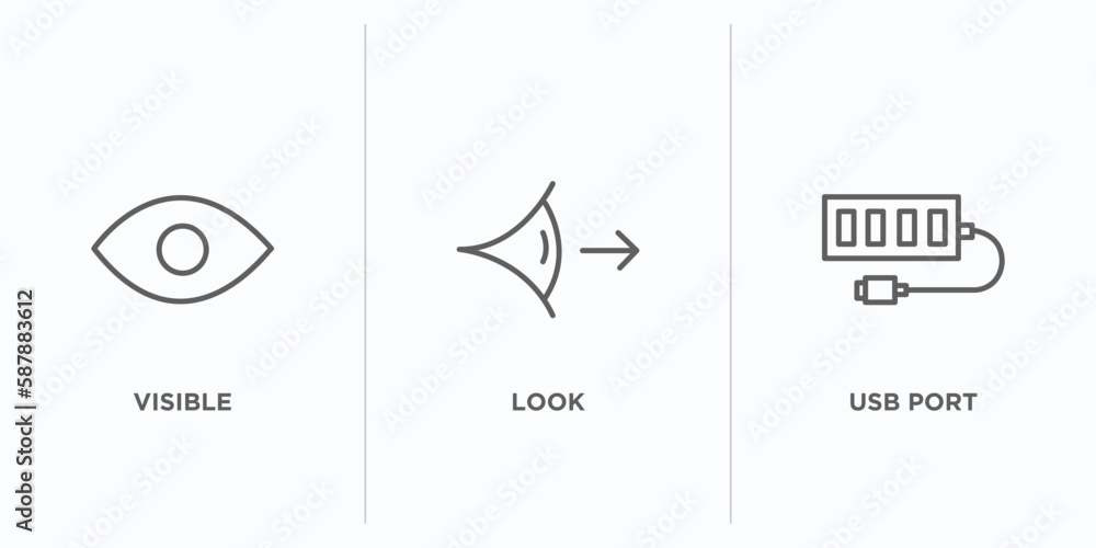 Poster user interface outline icons set. thin line icons such as visible, look, usb port vector. linear ico