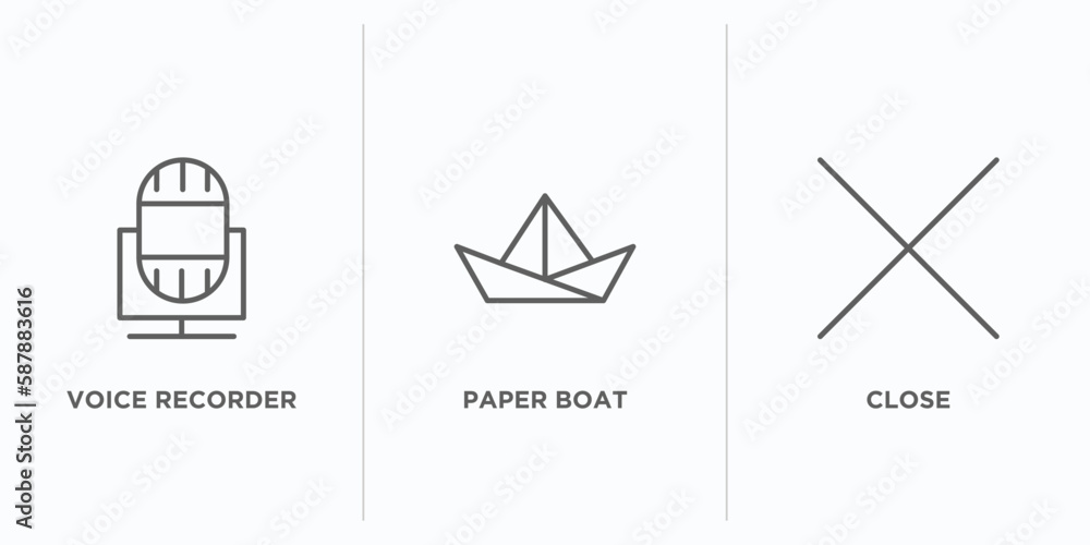 Poster user interface outline icons set. thin line icons such as voice recorder, paper boat, close vector. 