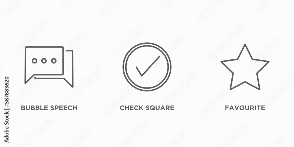 Poster user interface outline icons set. thin line icons such as bubble speech, check square, favourite vec