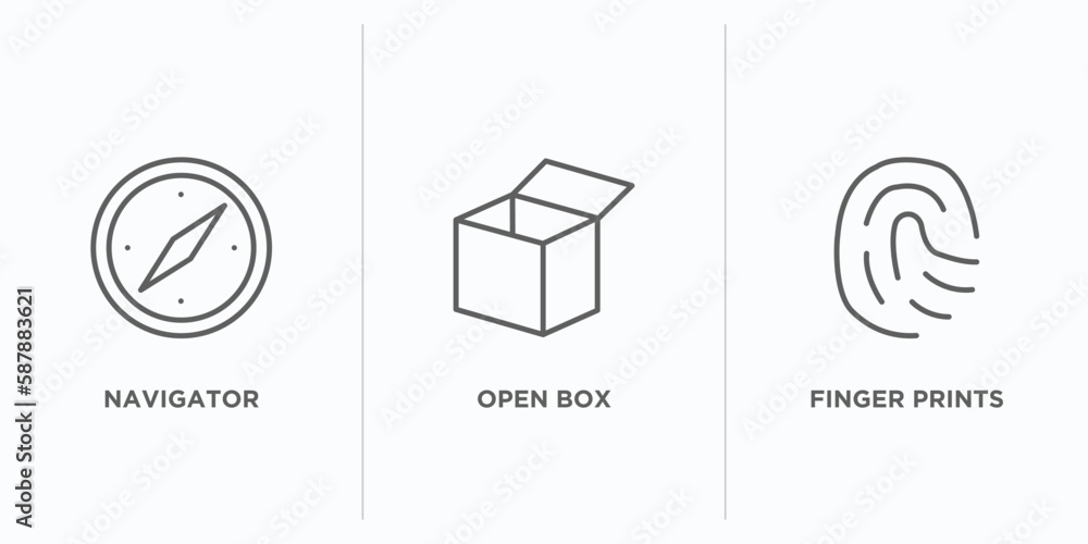 Poster user interface outline icons set. thin line icons such as navigator, open box, finger prints vector.
