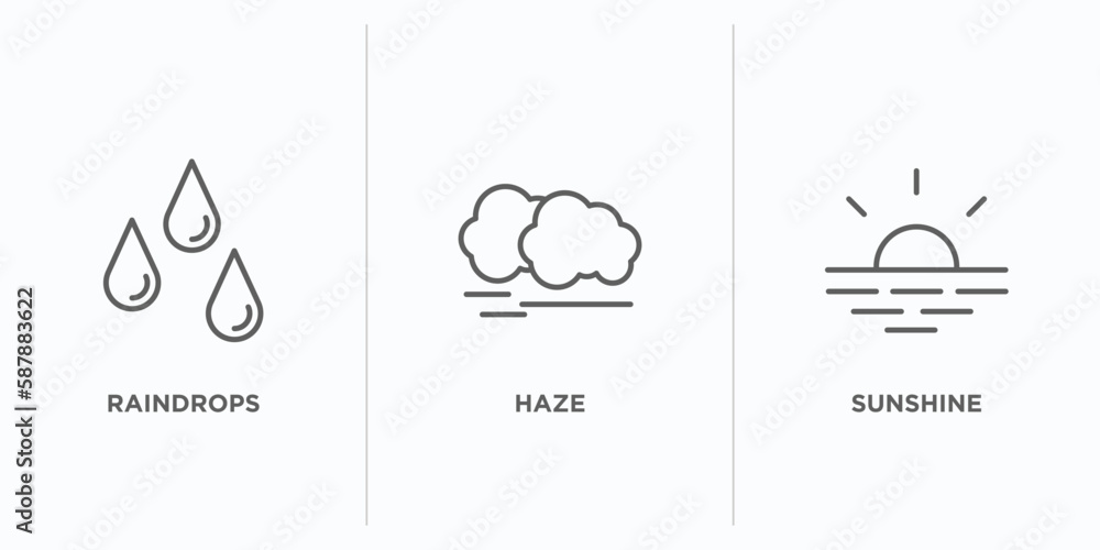 Poster weather outline icons set. thin line icons such as raindrops, haze, sunshine vector. linear icon she