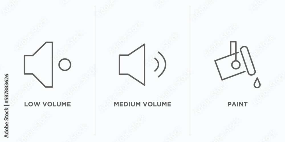 Poster user interface outline icons set. thin line icons such as low volume, medium volume, paint vector. l