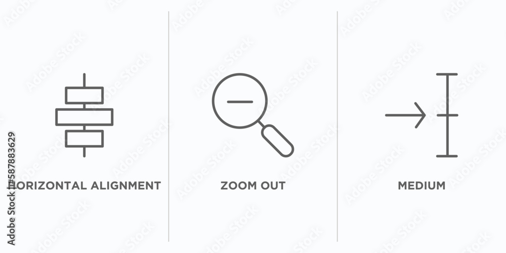 Poster user interface outline icons set. thin line icons such as horizontal alignment, zoom out, medium vec
