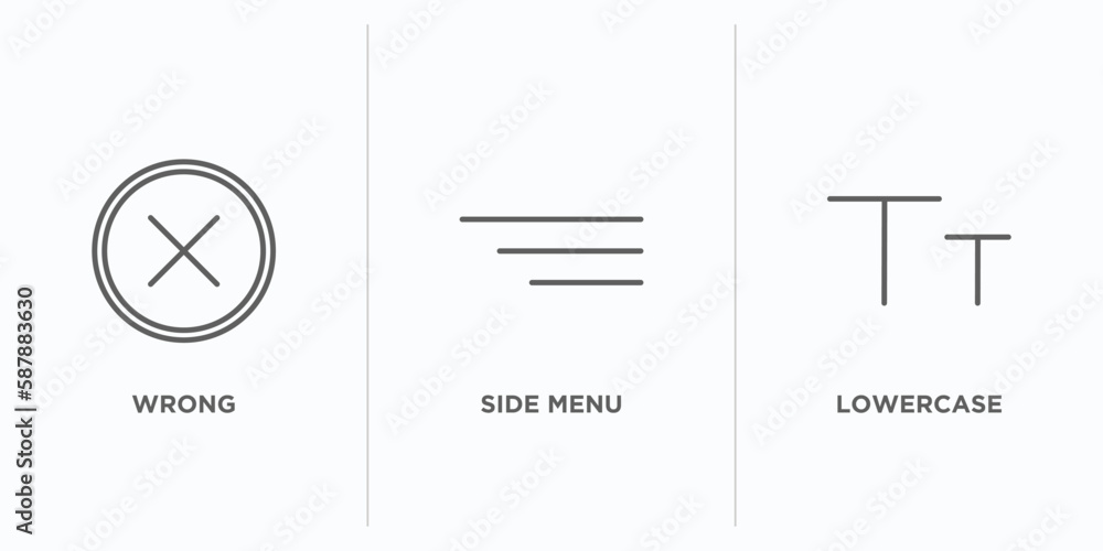 Poster user interface outline icons set. thin line icons such as wrong, side menu, lowercase vector. linear