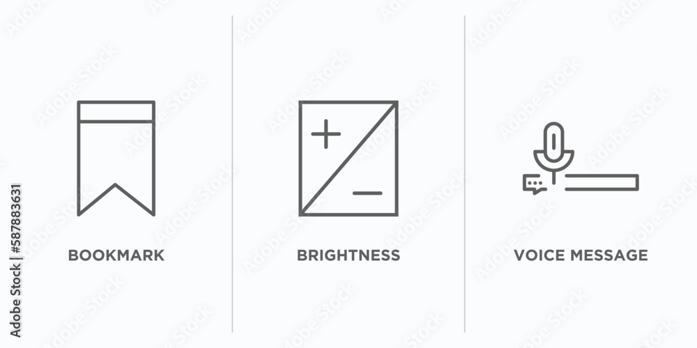 Poster user interface outline icons set. thin line icons such as bookmark, brightness, voice message vector