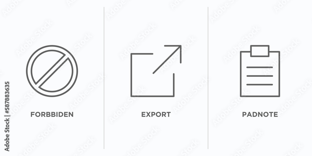 Poster user interface outline icons set. thin line icons such as forbbiden, export, padnote vector. linear 