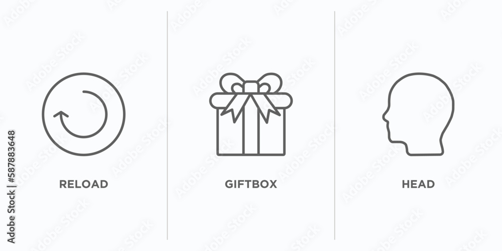 Poster user interface outline icons set. thin line icons such as reload, giftbox, head vector. linear icon 