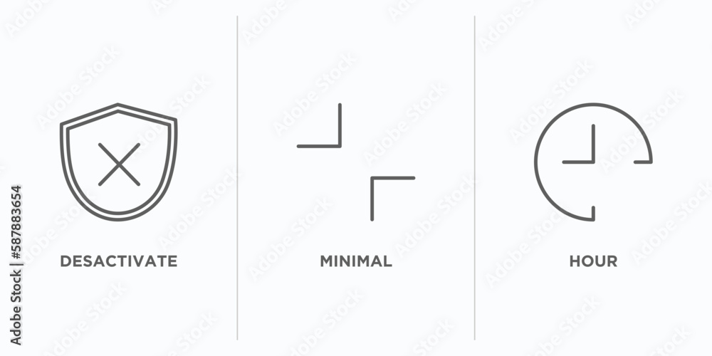 Poster user interface outline icons set. thin line icons such as desactivate, minimal, hour vector. linear 