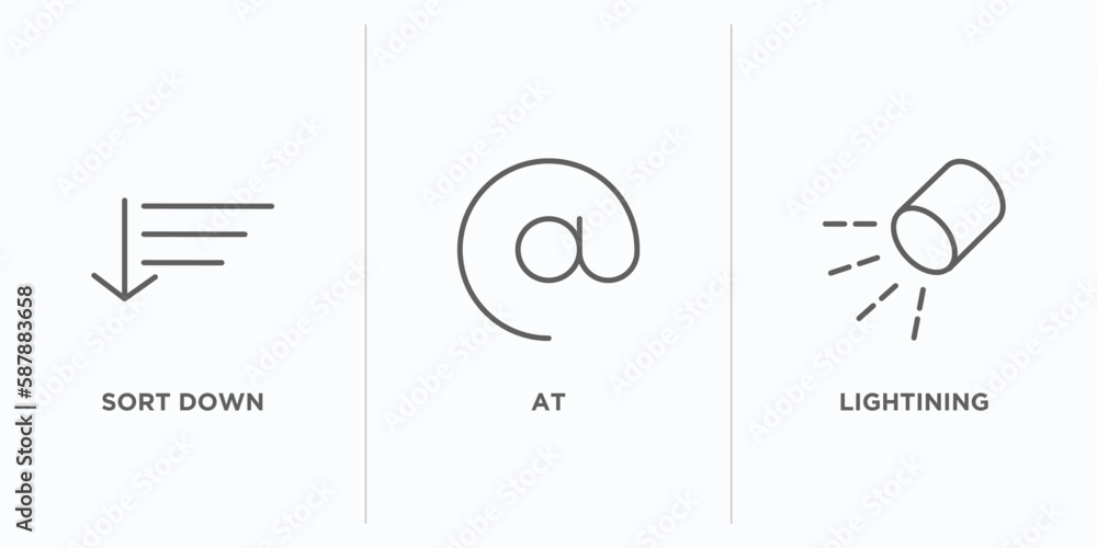 Poster user interface outline icons set. thin line icons such as sort down, at, lightining vector. linear i