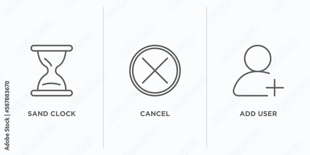 Poster user interface outline icons set. thin line icons such as sand clock, cancel, add user vector. linea