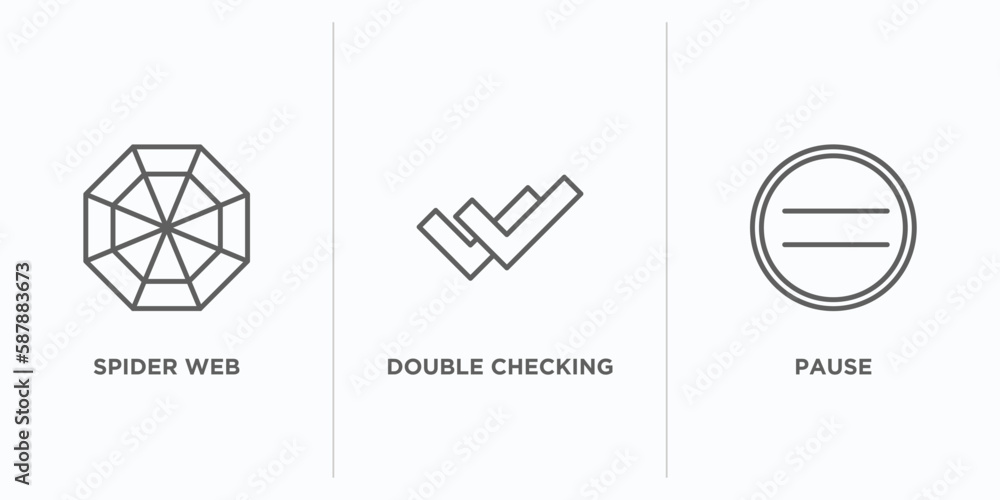 Poster user interface outline icons set. thin line icons such as spider web, double checking, pause vector.