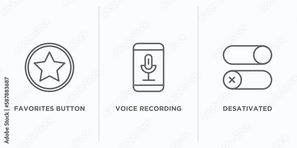 Poster user interface outline icons set. thin line icons such as favorites button, voice recording, desativ