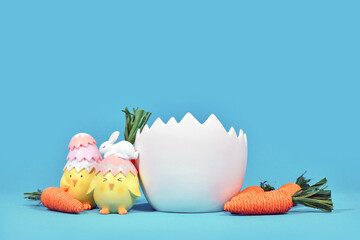 Newborn digital backdrop with white eggshell with Easter chicks and carrots in background