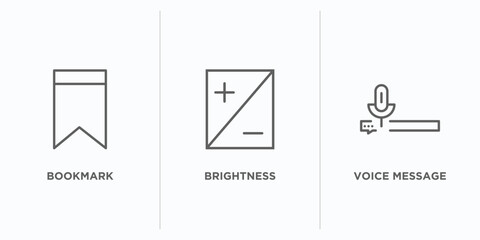 user interface outline icons set. thin line icons such as bookmark, brightness, voice message vector. linear icon sheet can be used web and mobile