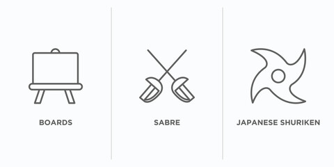 weapons outline icons set. thin line icons such as boards, sabre, japanese shuriken vector. linear icon sheet can be used web and mobile