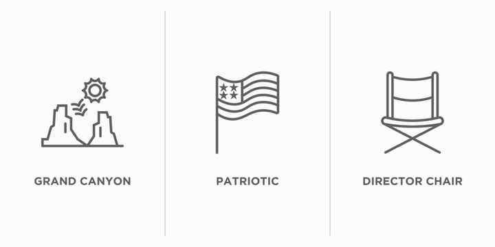 united states of america outline icons set. thin line icons such as grand canyon, patriotic, director chair vector. linear icon sheet can be used web and mobile