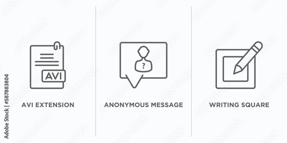 Poster user interface outline icons set. thin line icons such as avi extension, anonymous message, writing 